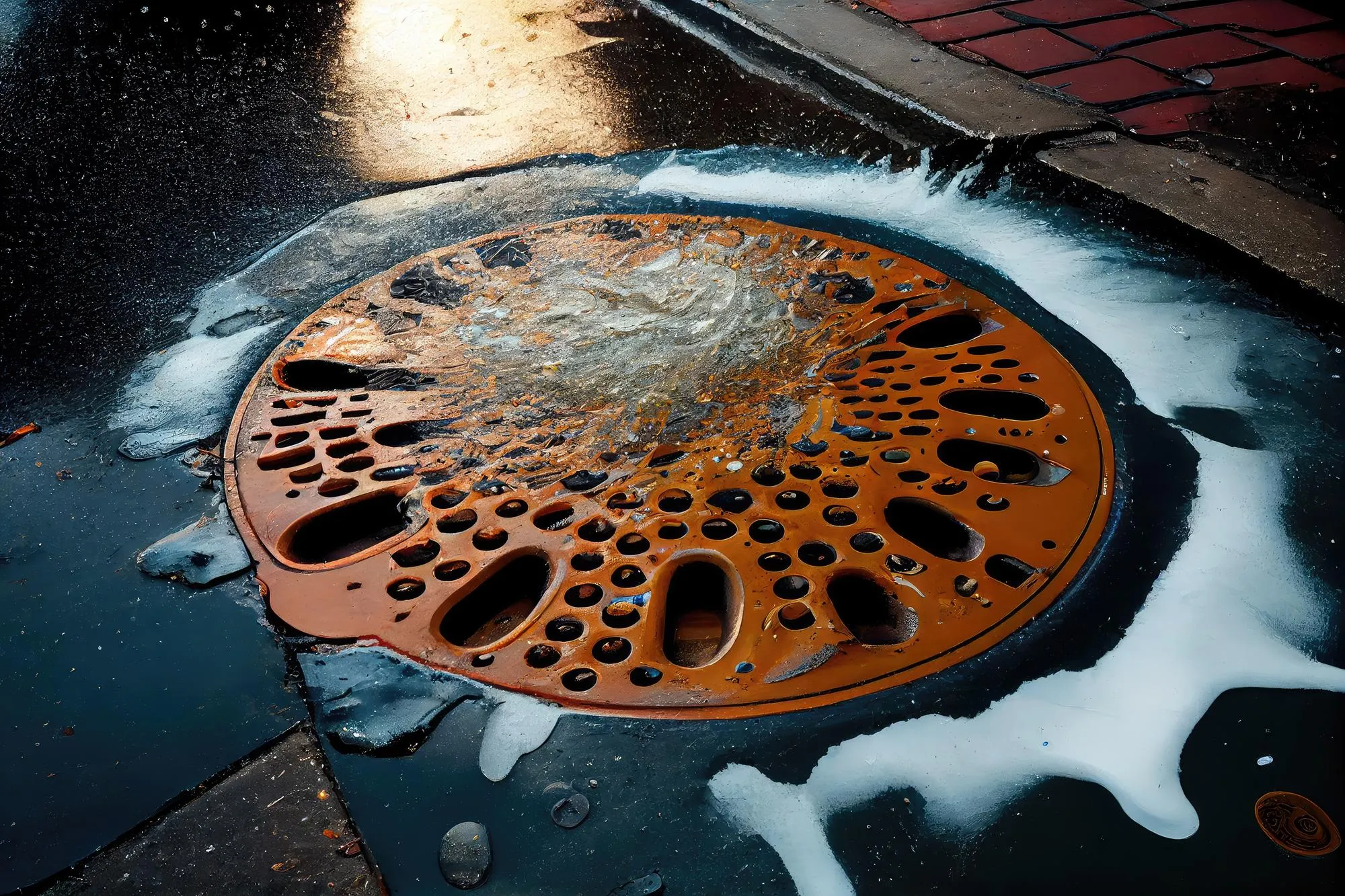 A flooded parking lot resulting from a neglected and clogged catch basin.