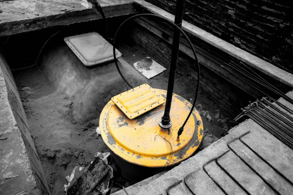 A vacuum truck cleaning a catch basin on a commercial property.