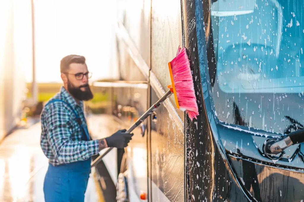 A sparkling clean truck fleet showcasing a business logo.