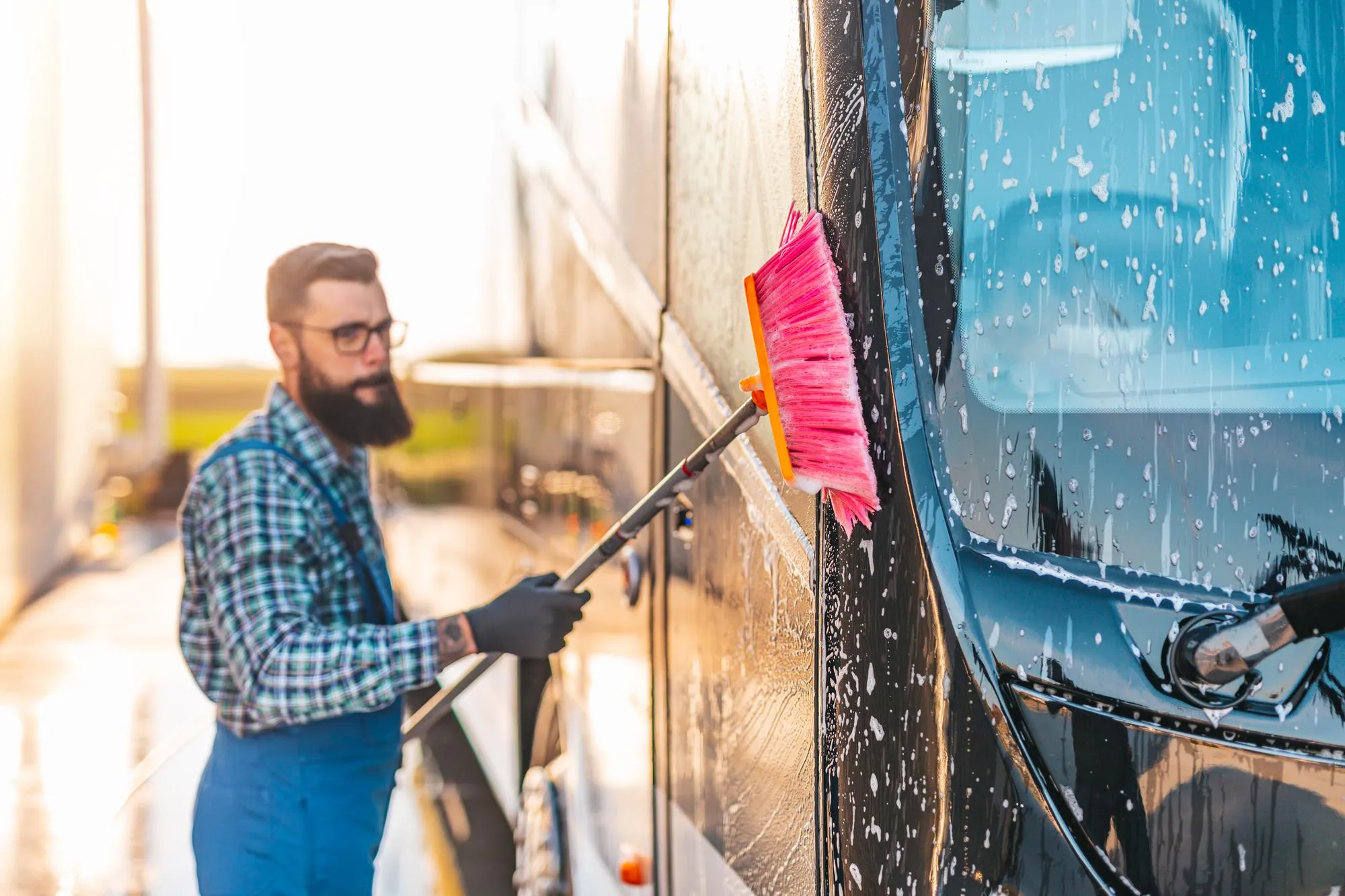 A sparkling clean truck fleet showcasing a business logo.