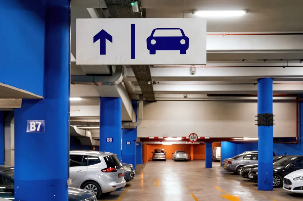 A well-maintained parking lot with clear lane markings and no debris.