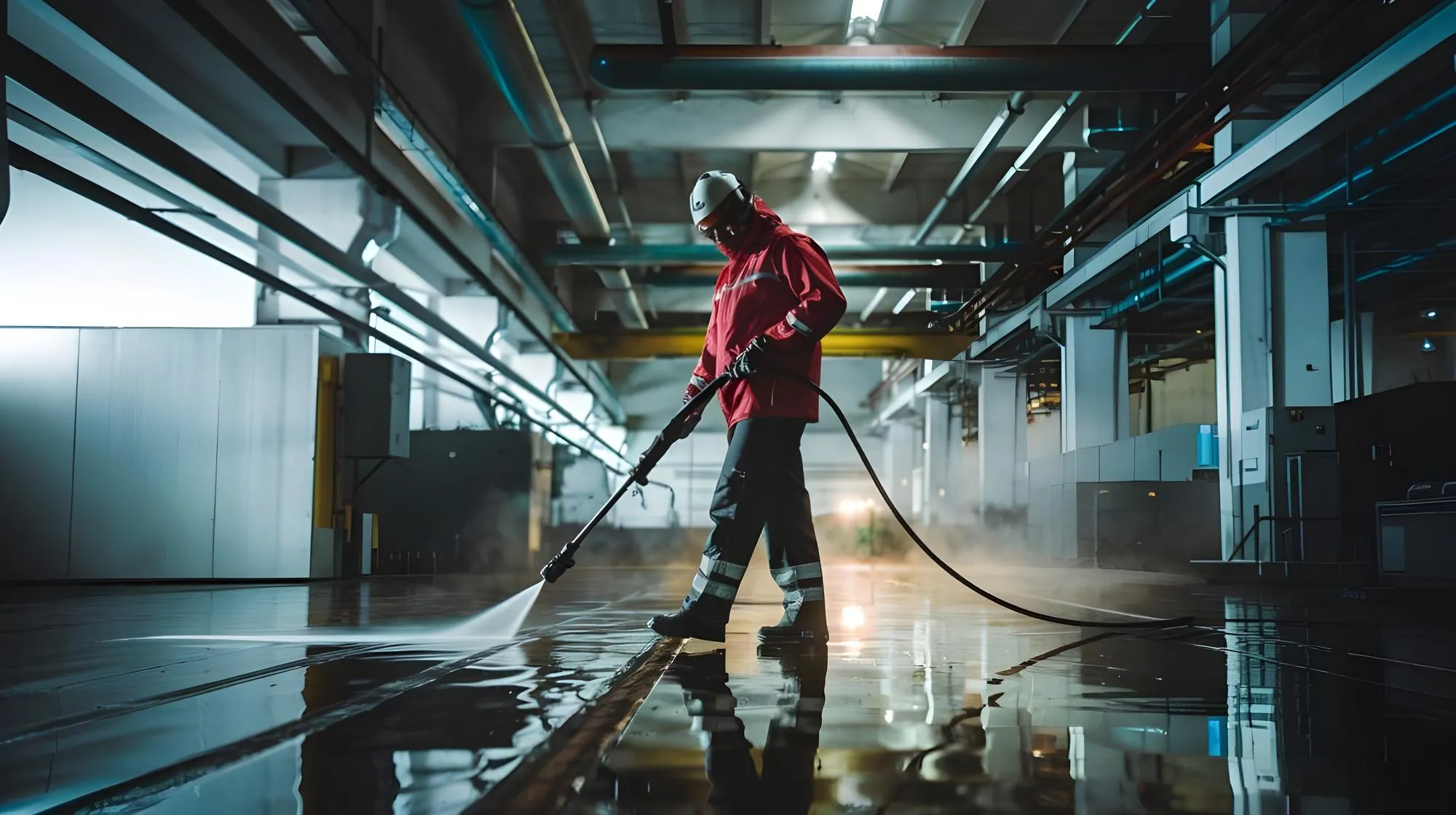 A worker pressure washing an underground parking garage floor.